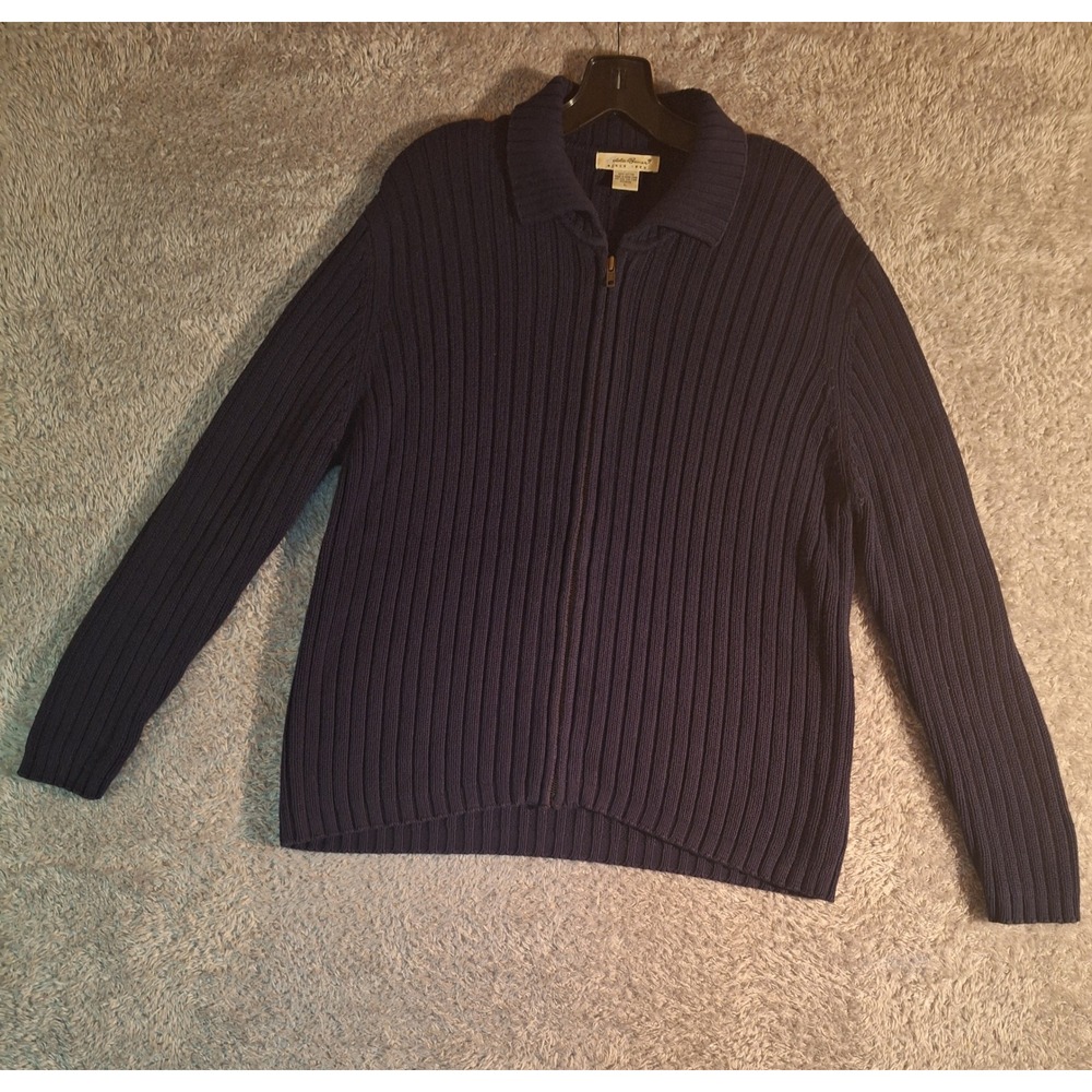 Eddie Bauer Womens Large Navy Ribbed Sweater Full Zip Jacket Vintage Hong Kong